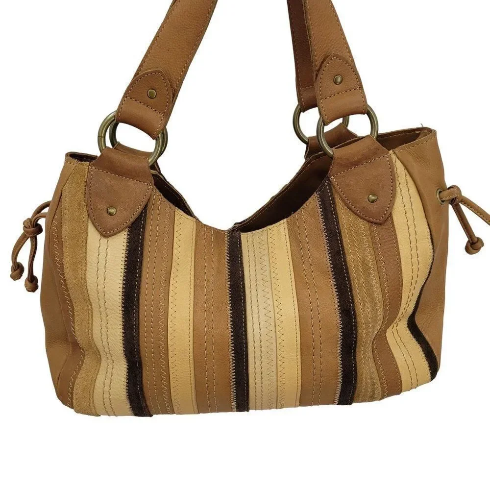 Vintage Fossil Hobo Leather Patchwork Studded‎ Embroidered Shoulder Bag Brown
